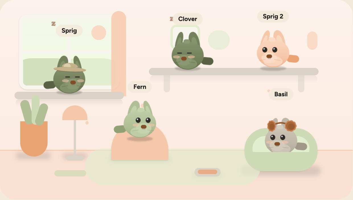 Perch's room window: five pets on their perches with their names above them. Sprig naps on the sill in a sun hat, Clover naps on a high shelf, Sprig 2 sits on the shelf beside it, Fern sits in the beanbag and Basil peers out of the basket wearing earmuffs.